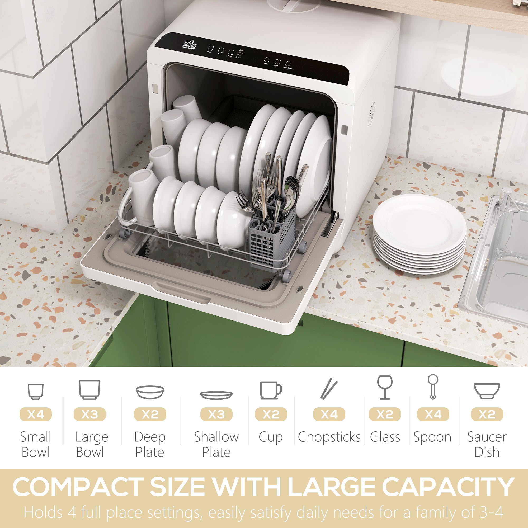 HOMCOM Table Top Dishwasher with Built-in 6L Water Tank, Mini Countertop Dishwasher with 6 Programs, 4 Place Settings, Black